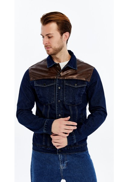 Erkek Deri Birleşenli Kot Ceket Niş Tasarım Günlük Kullanım