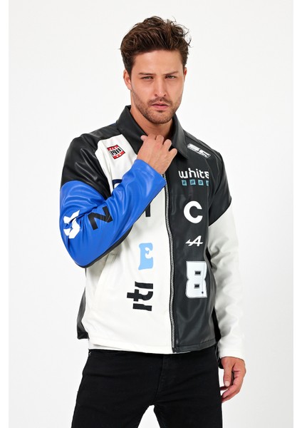 Erkek Oversize Baskılı Motorcu Montu Fermuarlı Yarışçı Ceketi Astarlı Garnili Kolej Bomber Mont