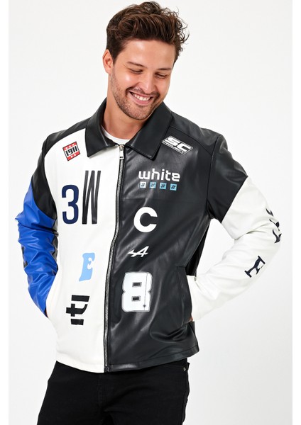 Erkek Oversize Baskılı Motorcu Montu Fermuarlı Yarışçı Ceketi Astarlı Garnili Kolej Bomber Mont
