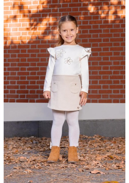 Kız Çocuk Çiçek Nakışlı Omuz Fırfırlı Uzun Kollu Tshirt MNT25K215