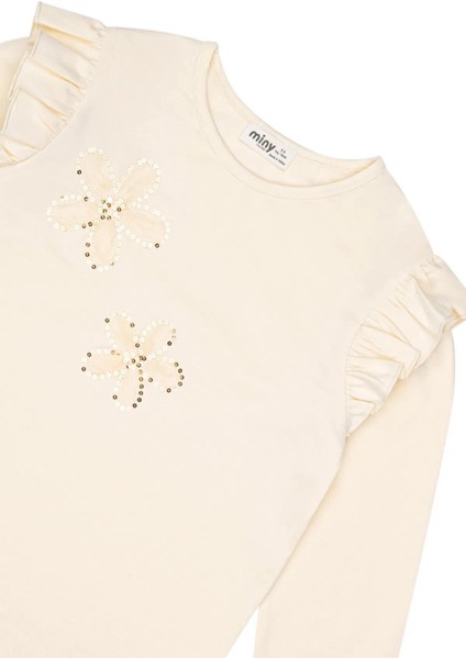 Kız Çocuk Çiçek Nakışlı Omuz Fırfırlı Uzun Kollu Tshirt MNT25K215 fırsatları