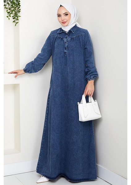 Gömlek Yaka Cepli Kot Elbise 1640 - Mavi