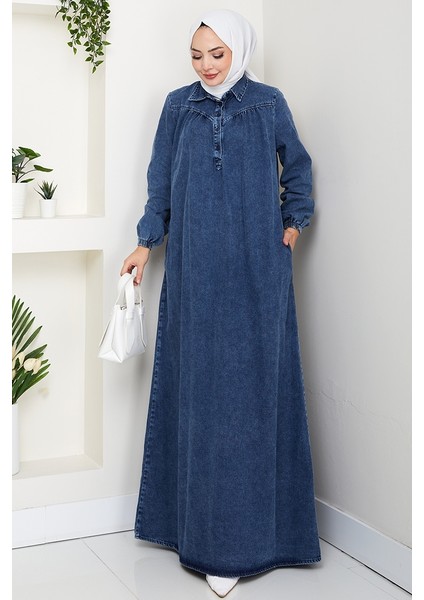 Gömlek Yaka Cepli Kot Elbise 1640 - Mavi fırsatları