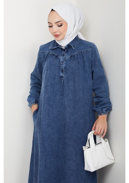 Gömlek Yaka Cepli Kot Elbise 1640 - Mavi indirimleri