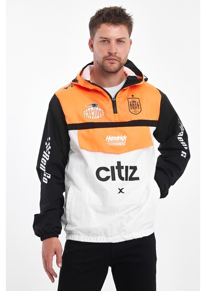 Erkek Baskılı Iki Renk Fermuarlı Motorcu Yağmurluk Su Geçirmez Yarışçı Ceket Baskılı Kolej Mont