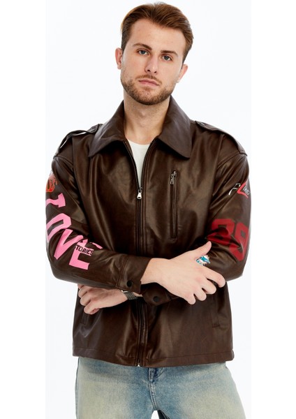 Erkek Oversize Deri Mont Günlük Baskılı Ceket Niş Kompakt Tasarım