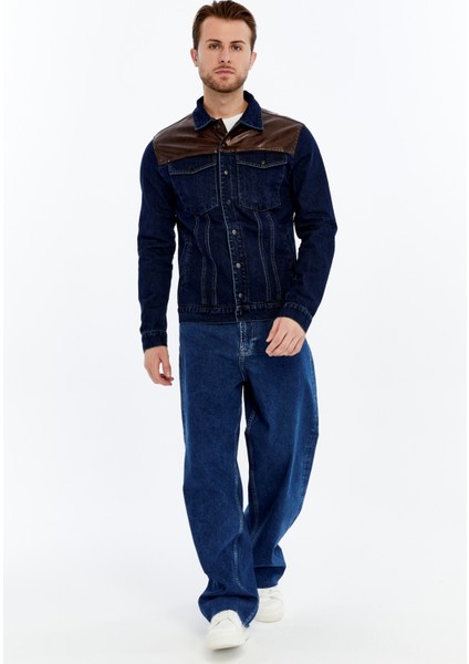 Erkek Deri Birleşenli Kot Ceket Niş Tasarım Günlük Kullanım