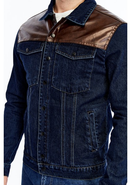 Erkek Deri Birleşenli Kot Ceket Niş Tasarım Günlük Kullanım