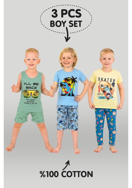 Erkek Çocuk 3'lü %100 Pamuklu 1-2-3 Yaş Pijama Takımı MODEL:113