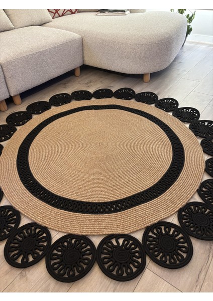 Buganvilla Hasır-Siyah Jüt Çiçek Desenli El Dokuma Antre Salon Mutfak Yatak Odası Kilim Paspas indirimleri