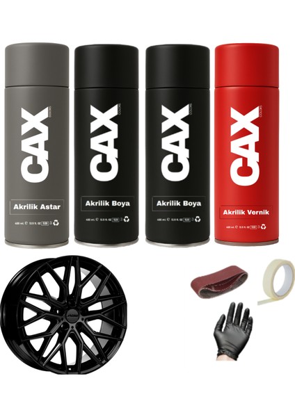 Metalik Siyah Araba Jant Sprey Akrilik Özel Yapım Sprey Boya Seti 400 ml Bant-Zımpara-Eldiven