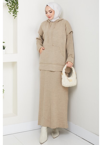 Kapüşonlu Tunik Elbise Triko Takım 1645 - Taş