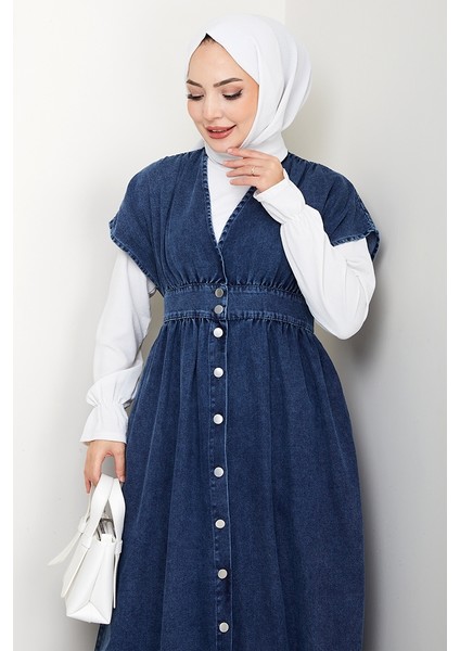 V Yaka Düğmeli Kot Jile 1644 - Mavi fiyatları