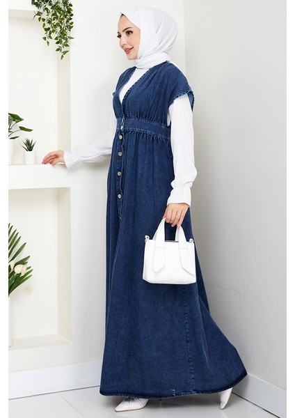 V Yaka Düğmeli Kot Jile 1644 - Mavi fırsatları