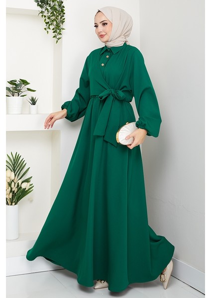 Çapraz Bağlamalı Gömlek Yaka Elbise 1636 - Zümrüt Yeşili
