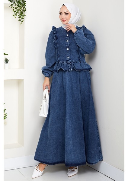 Fırfırlı Ceket Etek Kot Ikili Takım 1638 - Mavi fırsatları