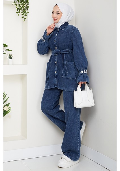 Taşlı Ceket Pantolon Kot Ikili Takım 1639 - Mavi