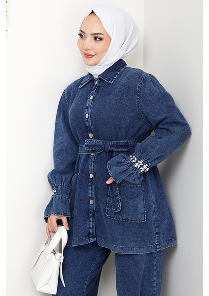 Taşlı Ceket Pantolon Kot Ikili Takım 1639 - Mavi fiyatları