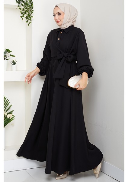 Çapraz Bağlamalı Gömlek Yaka Elbise 1636 - Siyah
