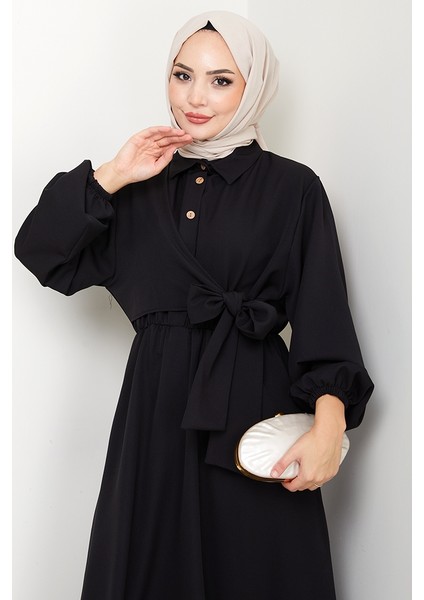 Çapraz Bağlamalı Gömlek Yaka Elbise 1636 - Siyah fiyatları