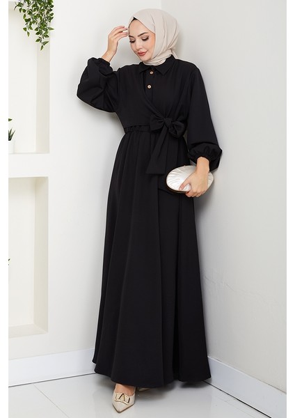 Çapraz Bağlamalı Gömlek Yaka Elbise 1636 - Siyah fırsatları