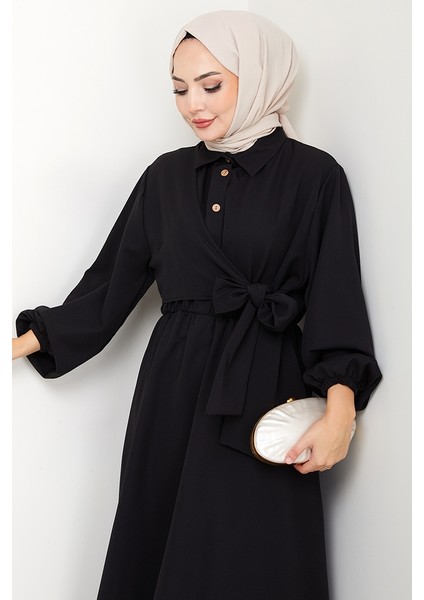 Çapraz Bağlamalı Gömlek Yaka Elbise 1636 - Siyah indirimleri