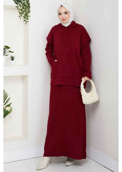 Kapüşonlu Tunik Elbise Triko Takım 1645 - Bordo