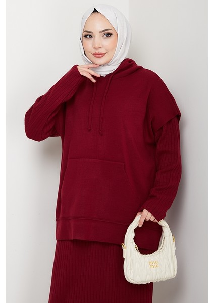 Kapüşonlu Tunik Elbise Triko Takım 1645 - Bordo fiyatları