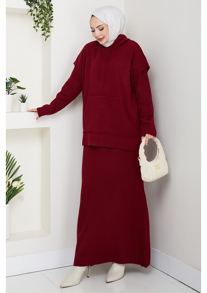 Kapüşonlu Tunik Elbise Triko Takım 1645 - Bordo modelleri