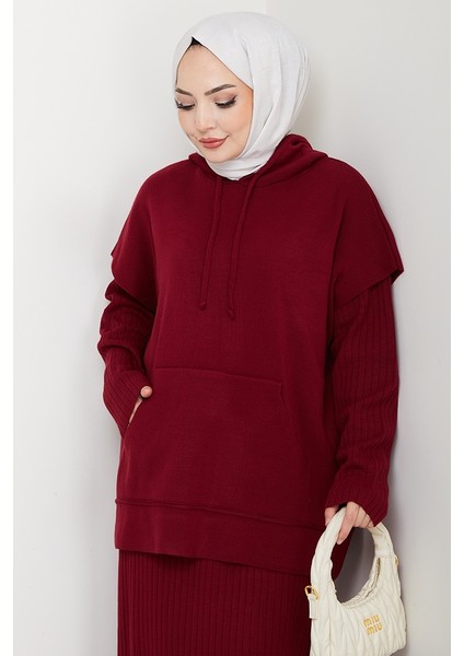 Kapüşonlu Tunik Elbise Triko Takım 1645 - Bordo fırsatları
