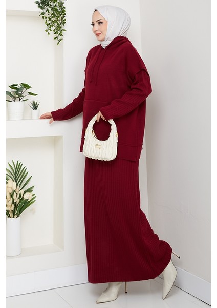 Kapüşonlu Tunik Elbise Triko Takım 1645 - Bordo indirimleri