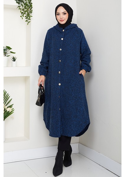 Çizgi Detay Kapüşonlu Kaşe Kap 1634 - Indigo