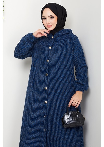 Çizgi Detay Kapüşonlu Kaşe Kap 1634 - Indigo fiyatları