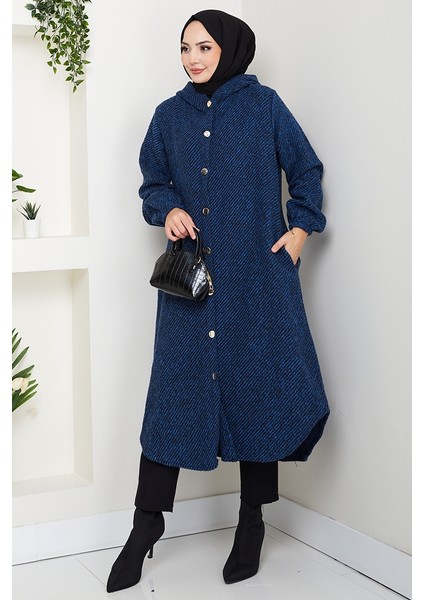 Çizgi Detay Kapüşonlu Kaşe Kap 1634 - Indigo fırsatları