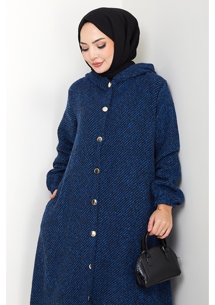 Çizgi Detay Kapüşonlu Kaşe Kap 1634 - Indigo indirimleri