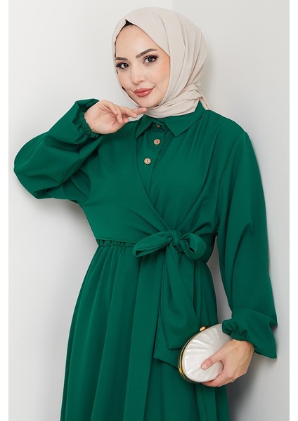 Çapraz Bağlamalı Gömlek Yaka Elbise 1636 - Zümrüt Yeşili fiyatları