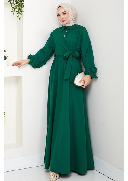 Çapraz Bağlamalı Gömlek Yaka Elbise 1636 - Zümrüt Yeşili fırsatları