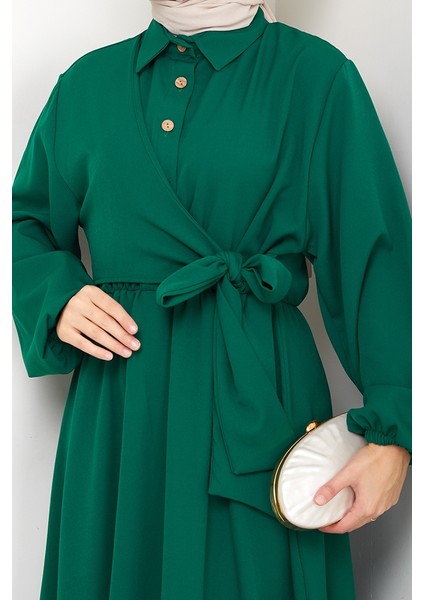 Çapraz Bağlamalı Gömlek Yaka Elbise 1636 - Zümrüt Yeşili indirimleri