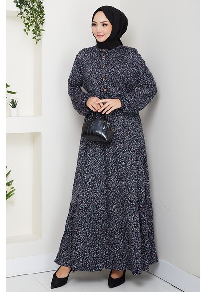 Çıtır Çiçek Desen Yarım Düğmeli Elbise 1629 - Lila