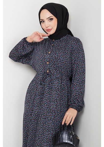 Çıtır Çiçek Desen Yarım Düğmeli Elbise 1629 - Lila indirimleri