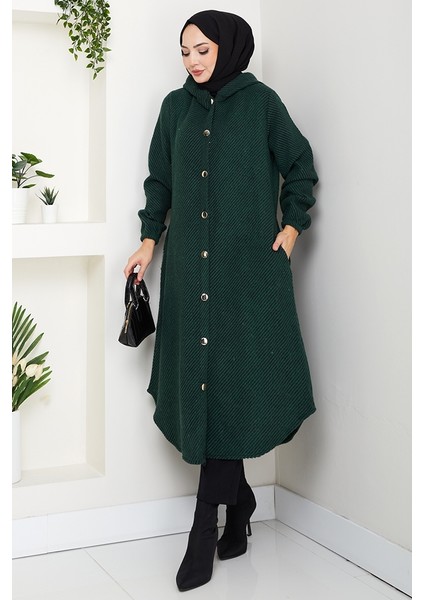 Çizgi Detay Kapüşonlu Kaşe Kap 1634 - Zümrüt Yeşili