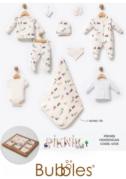 %100 0rganik Pamuk Piknik Baskılı Kutulu 10 Parça Unisex Bebek Hastane Çıkış Seti modelleri
