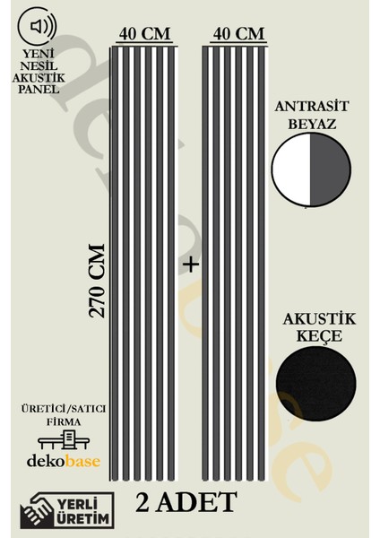 Antrasit-Beyaz (2 Adet) 40x270 cm Yeni Nesil Akustik Ahşap Duvar Paneli