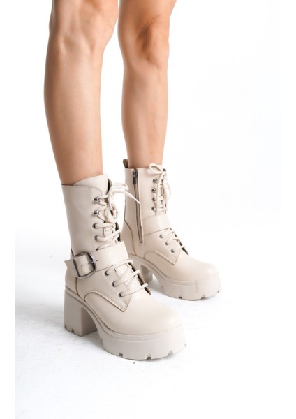 Eyesof Linma Bej Cilt Bağcıklı Topuklu Bot