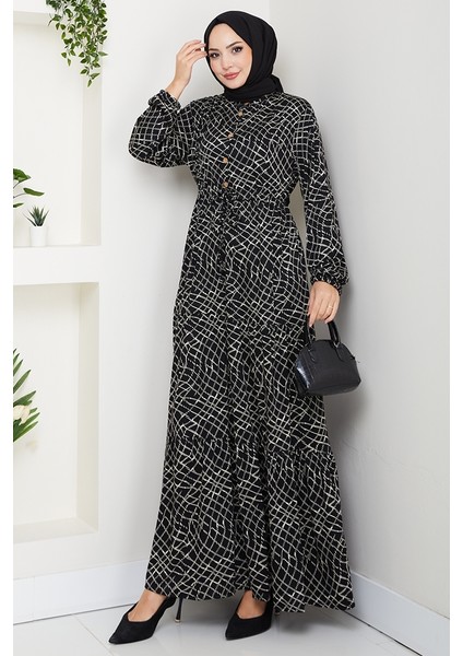 Çizgi Desen Yarım Düğmeli Elbise 1630 - Siyah