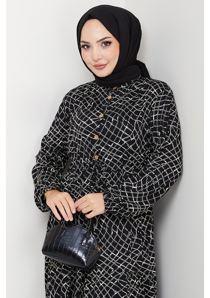 Çizgi Desen Yarım Düğmeli Elbise 1630 - Siyah fiyatları