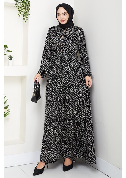 Çizgi Desen Yarım Düğmeli Elbise 1630 - Siyah fırsatları