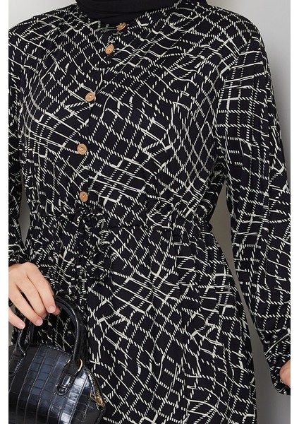 Çizgi Desen Yarım Düğmeli Elbise 1630 - Siyah indirimleri