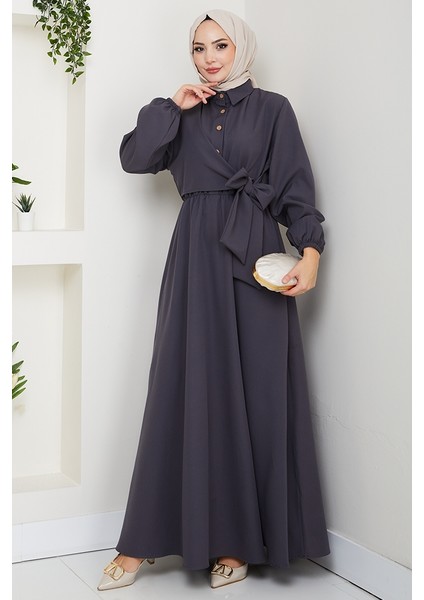 Çapraz Bağlamalı Gömlek Yaka Elbise 1636 - Antrasit