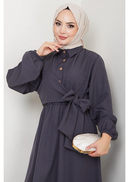 Çapraz Bağlamalı Gömlek Yaka Elbise 1636 - Antrasit fiyatları